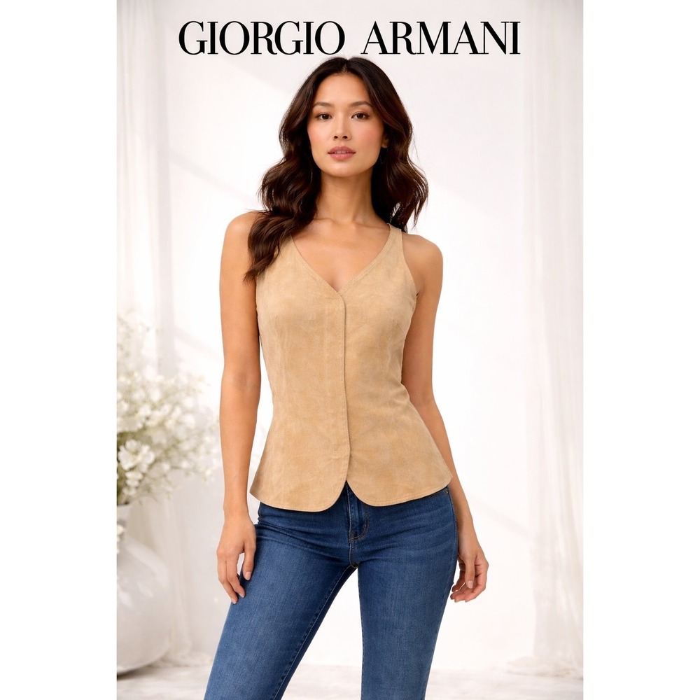 Giorgio Armani Suede Leather Vest Top Beige Racerback Button Front Sz 44